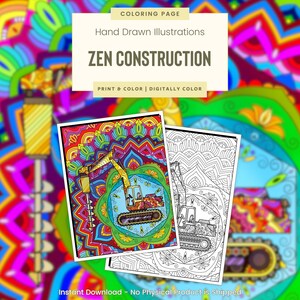 Drill Rig, Excavator, Printable Coloring Pages for Adults and Kids, Activity Sheets, Trucks, Machines, STEM, Tools, Zen Construction (G118)