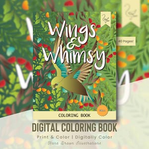 Wings & Whimsy Spring Edition Coloring Book, 40 Hand Drawn Printable Coloring Pages for Adults and Kids, Flower Coloring Pages, Birds (G113)