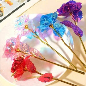 Iridescent Crystal Rose Flower | Rainbow Glass Artificial Bloom, Gold Stem Decor