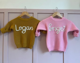 Name Design- Personalised hand embroidered name on a chunky knit jumper