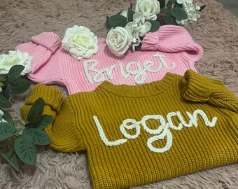 Name Design- Personalised hand embroidered name on a chunky knit jumper