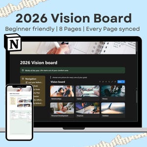 Könnte beinhalten: Ein digitales Vision Board für 2026, angezeigt auf einem Laptop und Smartphone. Der Bildschirm zeigt eine dunkle Oberfläche mit Abschnitten für Ziele, Beziehungen, Karriere und Fitness. Der Text lautet "2026 Vision Board" und "Beginner friendly | 8 Pages | Every Page synced."