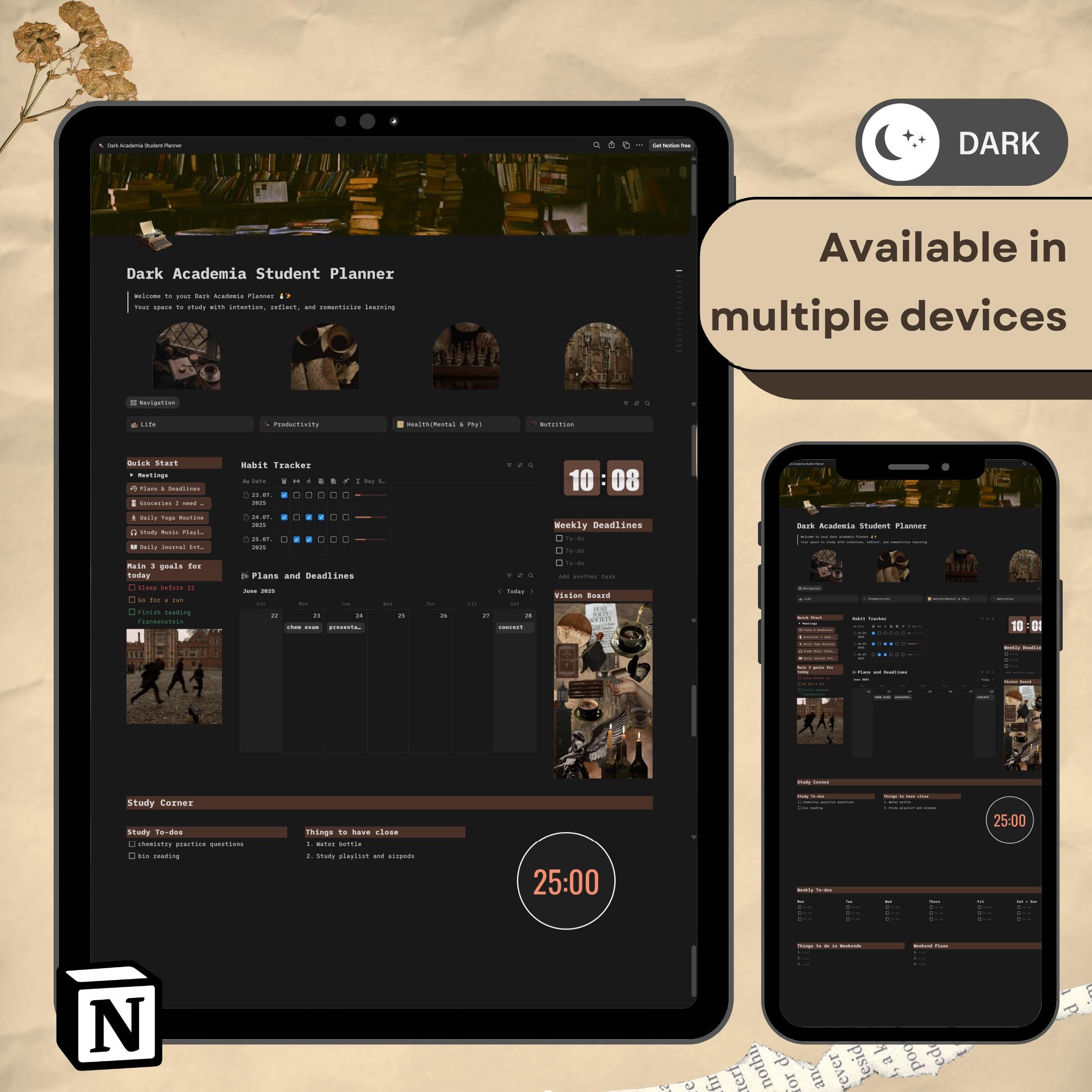 Dark Academia Notion Template: Student Planner & Study Organizer ...