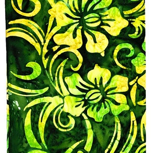 Könnte beinhalten: Grüner Stoff mit gelbem Blumenmuster. Der Stoff hat ein Batik-Design mit Wirbeln und Blumen. Der Stoff ist mit "Batik-117" gekennzeichnet.