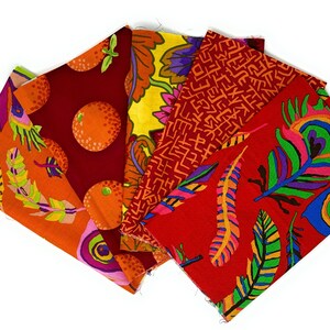 Può includere: Cinque quadrati di tessuto con diversi motivi colorati. I motivi includono arance su sfondo rosso, un motivo floreale giallo, un motivo rosso con linee nere e bianche, un motivo rosso con piume verdi e blu e un motivo rosso con piume arancioni e verdi.