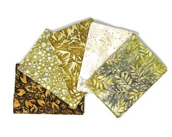 PattiPatch: Bali Batik Set BA-018 harmonie de couleurs blanc-vert-jaune-marron - paquet de 5 gros quarts de tissu patchwork pour coudre soi-même chaque FQ(5,-)