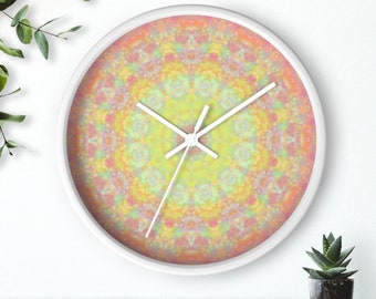 Original art design wall clock. Symmetry. Mandala. The one and only. Colorful. Yellow. Pink. Popular among women. Gifts.