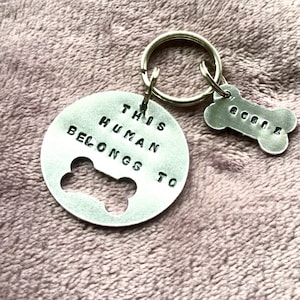 Personalised Dog Lover Keyring Hand Stamped with This human belongs to with Dogs Name