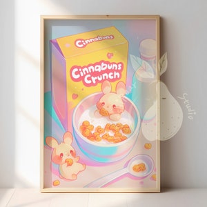 Póster de conejo kawaii en cereal para decoración de habitación / Impresión de arte estético lindo y colorido / Decoración del hogar con lindos animales de dibujos animados / Ilustración de conejo