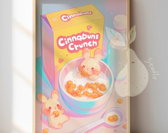 Póster de conejo kawaii en cereal para decoración de habitación / Impresión de arte estético lindo y colorido / Decoración del hogar con lindos animales de dibujos animados / Ilustración de conejo