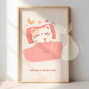 Kawaii Sleeping Bedtime Cat Poster For Room Decor | Cute Pink Kitty Illustration | Minimal Aesthetic Art Print | Cartoon Animal Home Decor