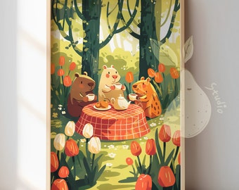 Capibara Tea Party-poster voor gezellige kamerdecoratie | Schattige bosdierenillustratie | Esthetische kunstafdruk | Kawaii cartoon muurkunst woondecoratie