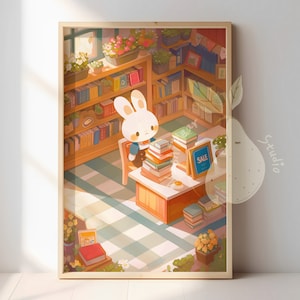 Cartel de la librería Bunny para decoración de habitaciones acogedoras / Ilustración de animales lindos conejos / Impresión de arte estético / Decoración del hogar de arte de pared de dibujos animados Kawaii
