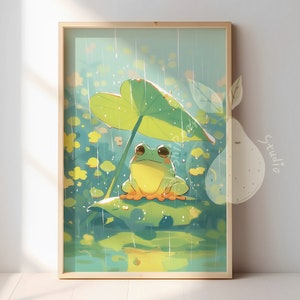 Cartel de rana de día lluvioso para decoración de habitación acogedora / Ilustración de animal de rana linda / Impresión de arte estético Lofi / Decoración del hogar de arte de pared de dibujos animados Kawaii