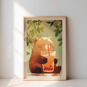 Brauner Boba Bär | Niedliche Tier-Bubble-Tee-Wand-Kunst | Gemütliches Kawaii Bärenjunges Poster |  Lustiger Tierdruck für Kinderzimmer | Verspieltes Kinderzimmer Dekor