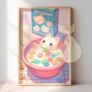 Kawaii Cat in Cereal Poster For Room Decor | Colorful Cute Aesthetic Art Print | Cute Cartoon Animal Home Decor |  Cat and Food Illustration