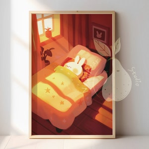 Póster de conejo matutino acogedor para decoración de habitaciones / Ilustración de conejo soñoliento de otoño cálido / Impresión de arte estético lindo / Decoración del hogar con animales de dibujos animados