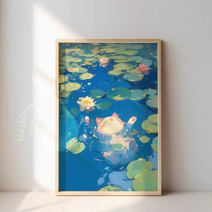 Ilustración de gato kawaii / Cola de gato / Pósteres de bellas artes de animales / Decoración linda para el hogar / Póster mate premium para pared