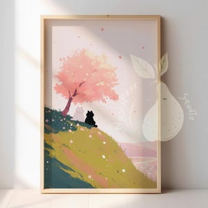 Cherry Blossom Hill | Przytulny wystrój domu dla pary kotów dla miłośników kotów | Kawaii Cartoon Floral Animal Posters | Romantyczny estetyczny wydruk artystyczny
