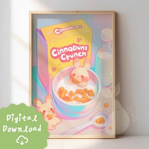 Póster digital de conejito kawaii en cereal / Impresión artística estética colorida y adorable / Decoración del hogar con animales de dibujos animados / Ilustración de conejo