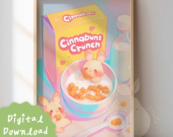 Póster digital de conejito kawaii en cereal / Impresión artística estética colorida y adorable / Decoración del hogar con animales de dibujos animados / Ilustración de conejo