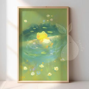 Rana en paz / Arte de rana durmiendo tranquilamente / Decoración acogedora para el hogar con ranas para amantes de las ranas / Pósteres de animales de dibujos animados kawaii / Impresión de arte estético lindo