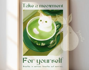Calming Matcha Cat Print | Cute Trendy Vintage Poster | Matcha Latte Illustration | Chill Art Print | Premium Matte Poster Wall Art