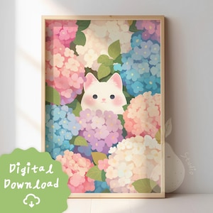 Pobierz cyfrowy plakat z motywem pastelowej hortensji kota | Kawaii Cartoon Floral Animal Posters | Przytulny wydruk artystyczny z kwiatami dla miłośników kotów | Kolorowa sztuka kotów