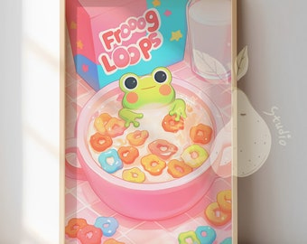 Poster grenouille kawaii dans des céréales pour décoration de chambre | Impression d'art esthétique colorée mignonne | Décoration d'intérieur animal mignon de bande dessinée | Illustration de nourriture de grenouille