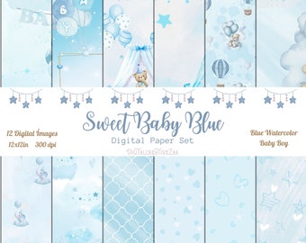 Baby Boy, Digital Paper, Baby Shower, Watercolor Backgrounds, Scrapbook Paper, Digital Download