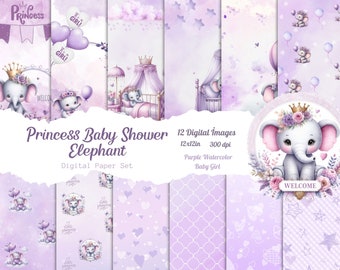 Baby Shower, Watercolor Baby, Cute Elephant, Purple Baby Shower, Digital Paper, Digital Bundle, Digital Download