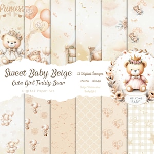 Baby Girl, Baby Shower, Beige Baby, Cute Girl Teddy Bear, Digital Paper, Watercolor Baby, Digital Bundle, Digital Download