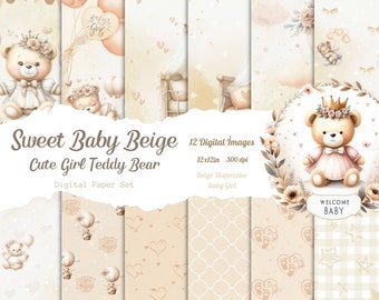 May include: A set of 12 digital papers featuring a cute teddy bear wearing a crown and a pink dress. The papers are in beige and pink tones and feature various patterns, including hearts, stars, and footprints. The text "Sweet Baby Beige Cute Girl Teddy Bear Digital Paper Set" is included in the image.