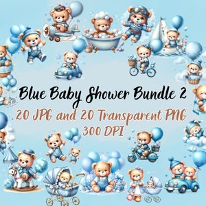 Watercolor Teddy Bear Clipart, Teddy Bear Baby Shower, Baby Shower, Blue Baby Shower, Blue Teddy Bear, Digital Bundle, Digital Download