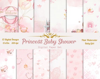 Prinses babymeisje, digitaal papier, babyshower, roze baby, aquarelachtergronden, plakboekpapier, digitale download