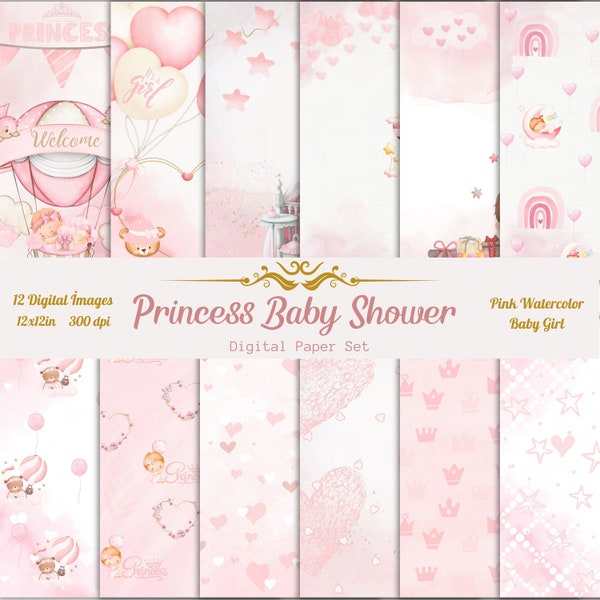 Princess Baby Girl, Dig ital Paper, Baby Shower, Pink Baby, Watercolor Backgrounds, Scrapbook Paper, Digital Download
