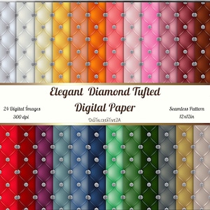 May include: 24 digital papers with a diamond tufted pattern in various colors. Each paper is 12x12 inches and 300 dpi.  Elegant Diamond Tufted Digital Paper.