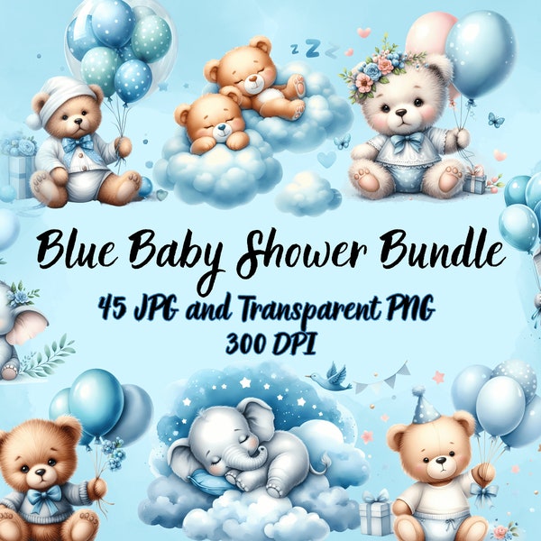 Blue Baby Shower, Boy Baby Shower, Cute Teddy Bear, Cute Baby Elephant, Sleepy Teddy Bear, Sleepy Elephant, Blue Teddy Bear, Digital Art