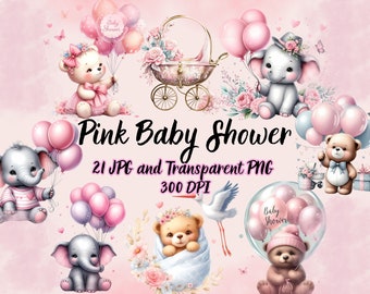 Pink Baby Shower, Girl Baby Shower, Cute Teddy Bear, Cute Elephant, Pink Teddy Bear, Pink Elephant Baby Shower, PNG, JPG