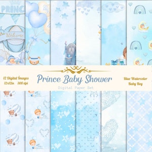 Prince Baby Boy, Baby Shower, Digital Paper, Watercolor Backgrounds, Scrapbook Paper, Baby Boy, Digital Download