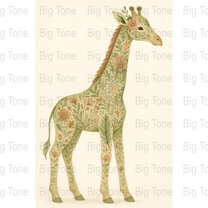 Floral Giraffe Digital Art, Botanical Giraffe Illustration, Giraffe with Flowers, Nursery Art Print, Pastel Giraffe, Wall Decor, Digital