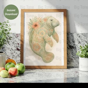 Floral Manatee Digital Art Print, Watercolor Sea Cow Illustration, Botanical Manatee, Unique Animal Art, Digital Download