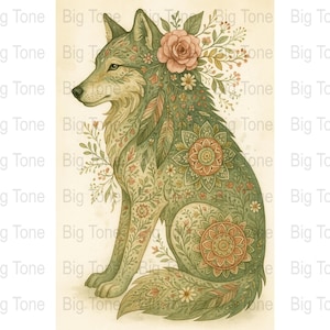 Floral Wolf Watercolor Art Print: Bohemian Animal Decor (Digital Download)