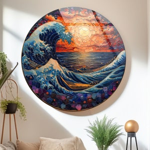 Ocean Wave Tempered Glass Wall Art: Round Modern Decor