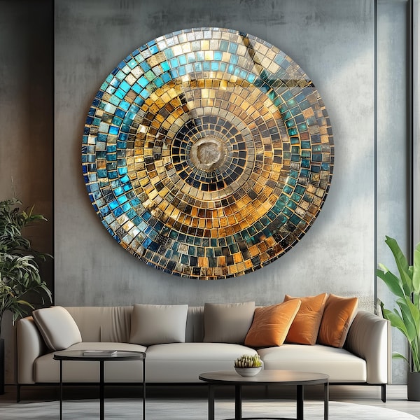 Arte de pared de vidrio circular abstracto: Impresión de vidrio templado redondo azul dorado