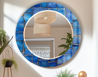 Gehard glas spiegel blauw mozaïek ronde wandspiegel voor badkamer-cirkelspiegel wanddecoratie voor slaapkamer-cirkel badkamerspiegel voor ijdelheden