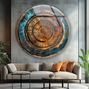 Round wood pattern glass wall art with blue and brown tones