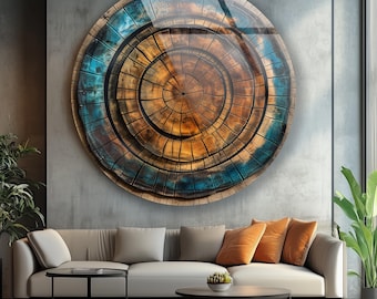 Arte murale in vetro con anelli d'albero: motivo astratto in legno, blu e marrone