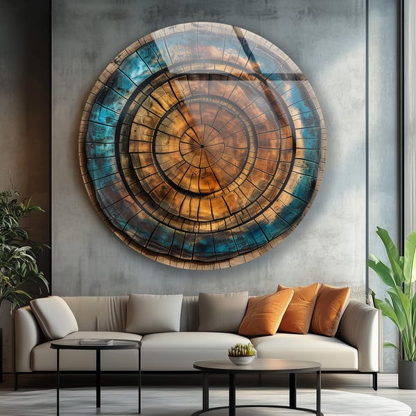 Tree Ring Glass Wall Art: Abstract Wood Pattern, Blue & Brown