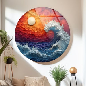 Handmade Tempered Glass Wave Wall Art: Round Ocean Decor